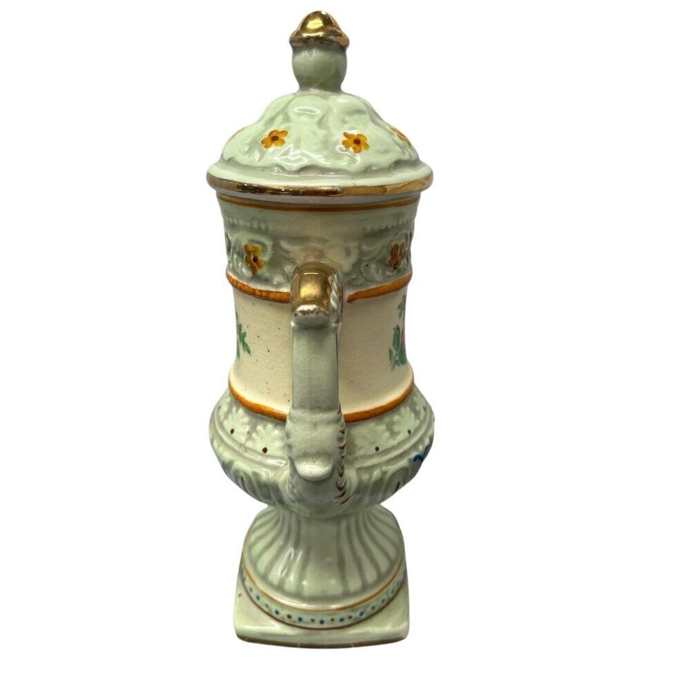 Vintage Hand Painted Japanese Urn & Lid 10" Tall Light Green with Floral Design - Picture 7 of 10